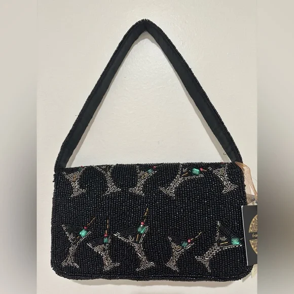 Viral Beaded Black Martini Cocktail Clutch Shoulder Bag - Picture 6 of 13